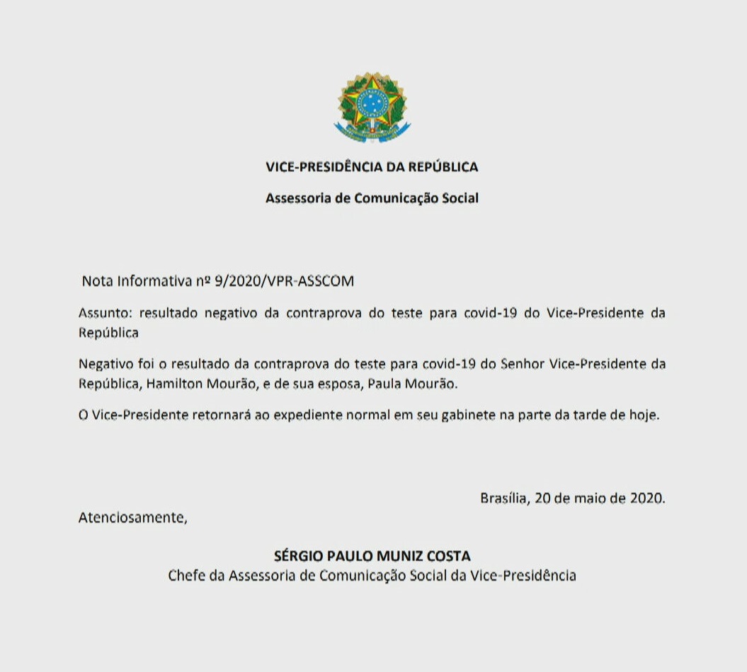 Documento informa resultado negativo de contraprova feita pelo vice-presidente H