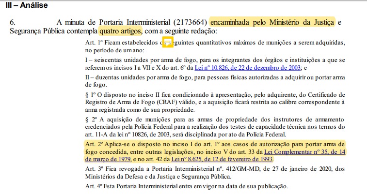 Texto da portaria de aumento de compra de munição