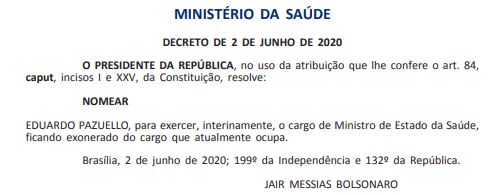 Decreto assinado por Jair Bolsonaro nomeia oficialmente Pazuello como interino