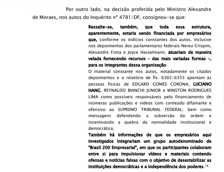 Trecho do documento que destaca a participação de empresários e apoiadores de Bo