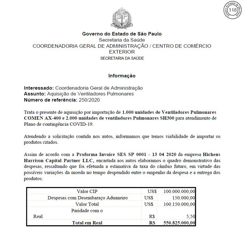 Documento descreve compra inicial no valor de mais de R$ 500 milhões