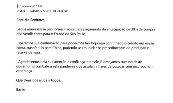 Documento do processo mostra troca de e-mail do empresário Pantazis com envio de