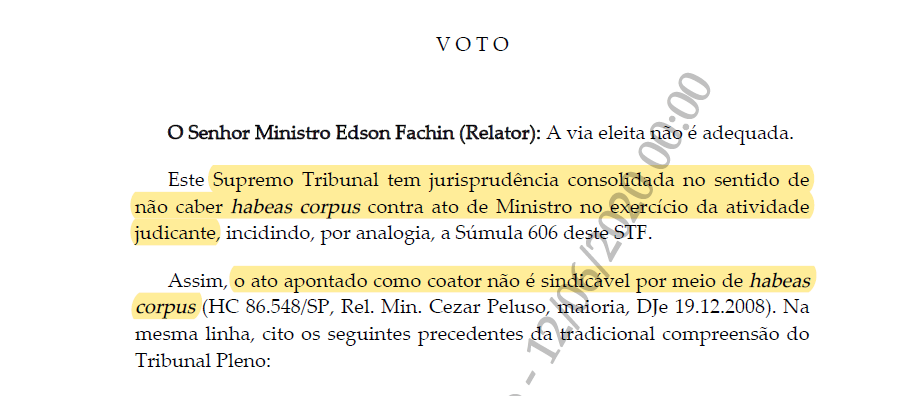 Voto ministro Fachin pela rejeição ao pedido de habeas corpus a Abraham Weintrau