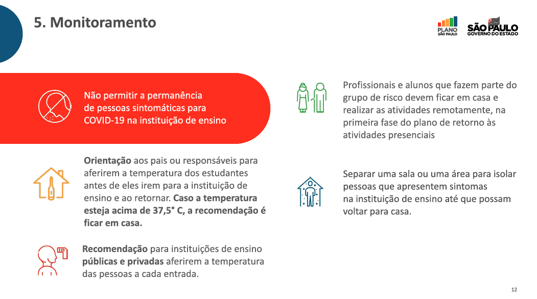 Recomendações de monitoramento durante retomada escolar em São Paulo. 