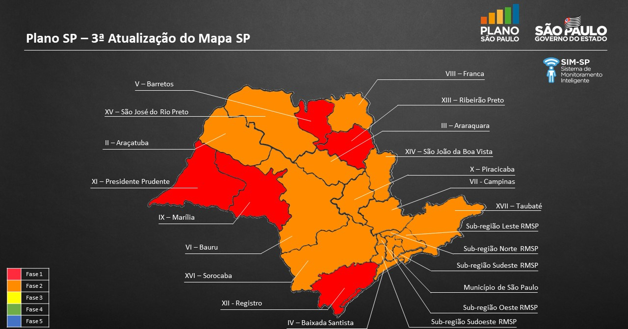 Mapa com classificação das regiões paulistas, atualizado em 19 de junho