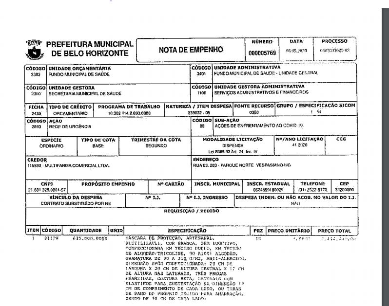 Nota de empenho de 630 mil máscaras compradas pela prefeitura de Belo Horizonte 