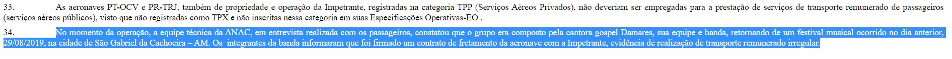 Documento da ANAC sobre a Rico Táxi Aéreo