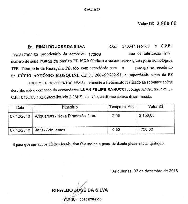 Nota fiscal do voo usado por mosquini