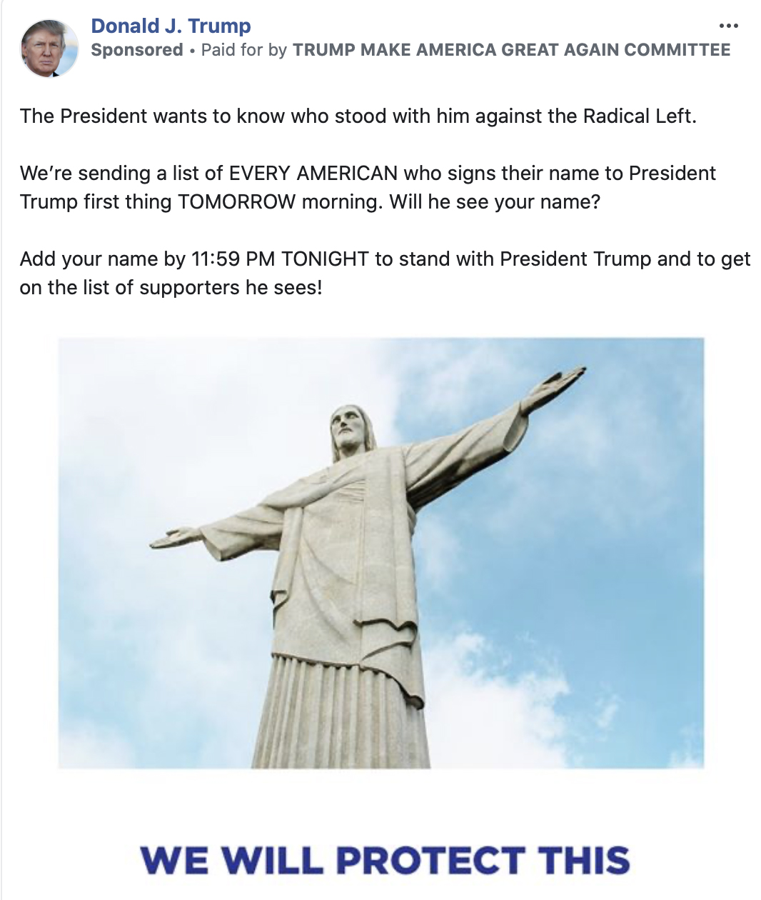 Postagem da campanha de Trump com foto do Cristo Redentor