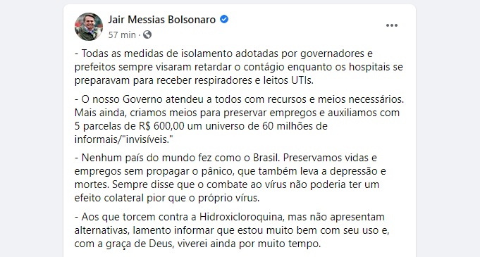 Publicação de Jair Bolsonaro no Facebook