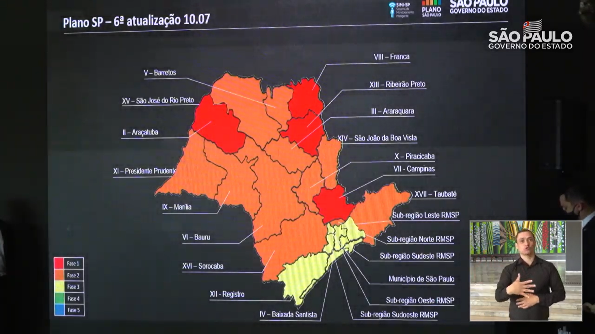 Plano São Paulo, atualizado em 10/7, mostra novas regiões na fase 3 (amarela)