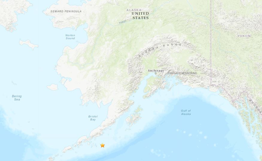 Marcação indica local de tremor na costa do Alasca