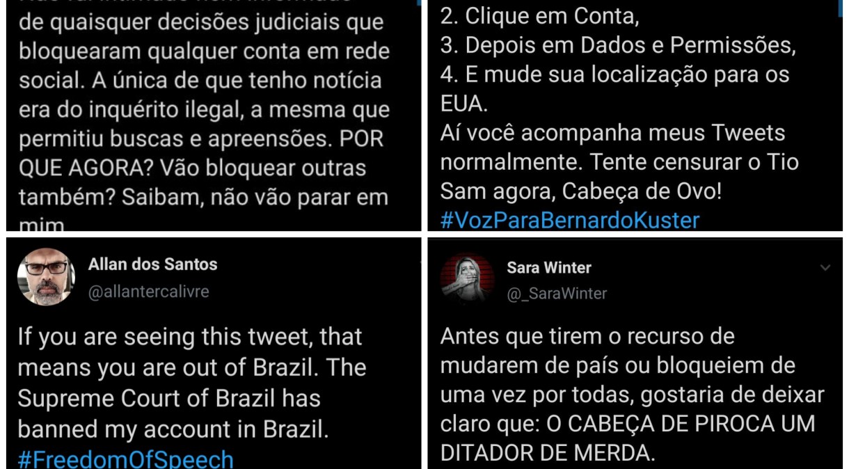 Mensagens compartilhadas no Twitter por Bernardo Küster (acima), Allan dos Santos e Sara Winter mesmo depois terem suas contas restringidas