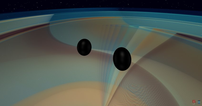 Simulação numérica de dois buracos negros em fusão, emitindo ondas gravitacionais