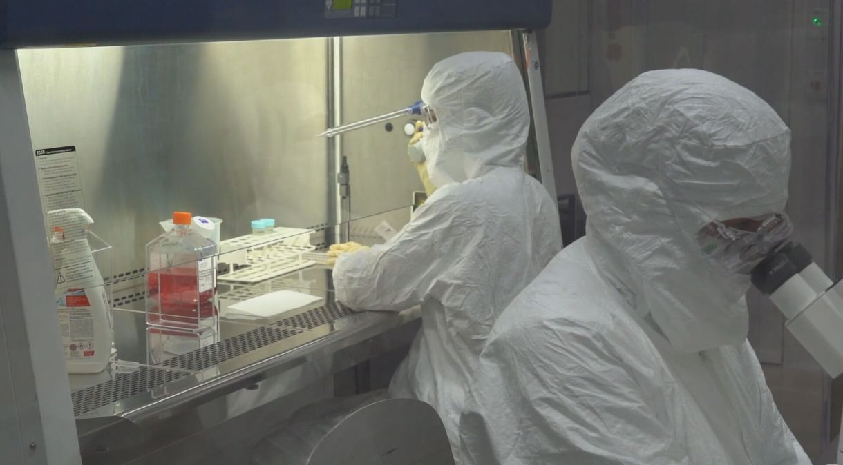 Pesquisadores da Coronavac, a vacina chinesa, fazem procedimentos em laboratório