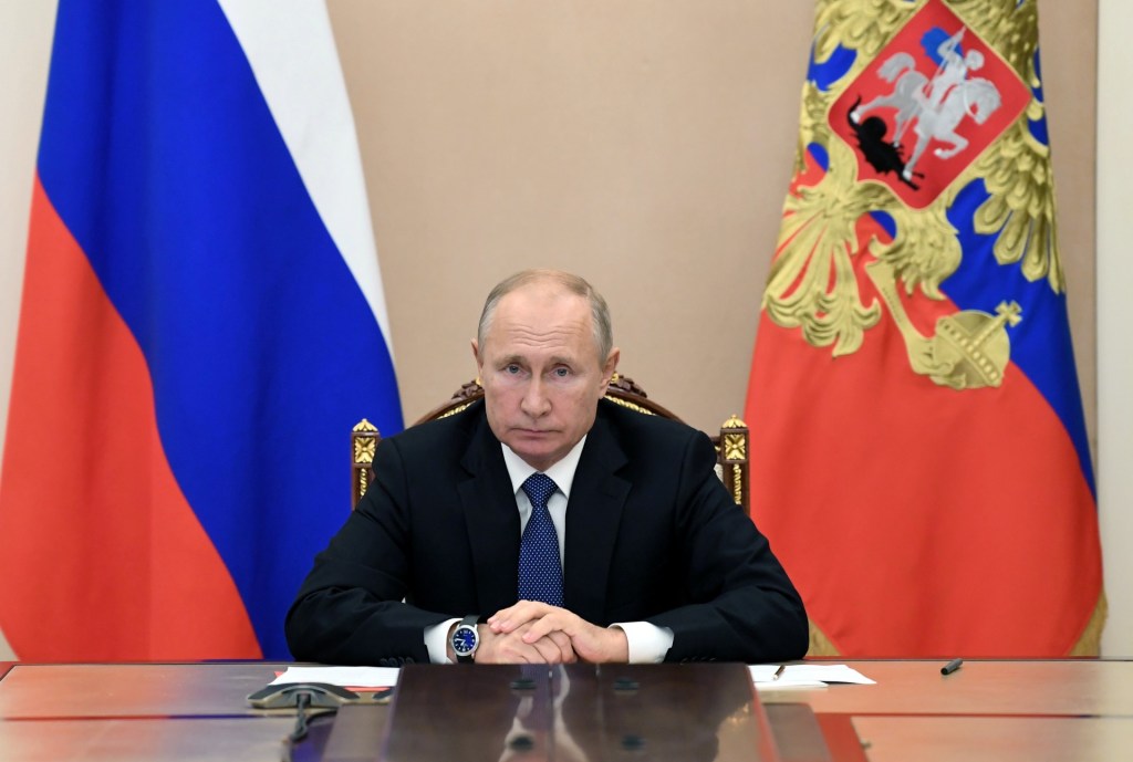 O presidente da Rússia, Vladimir Putin, durante teleconferência em Moscou
