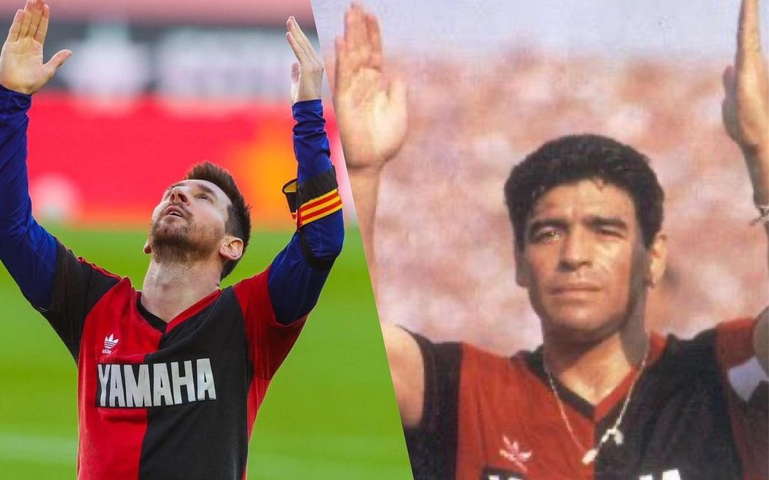 Em homenagem a Maradona, Messi vestiu camisa Newell's Old Boys e imitou gesto do ídolo