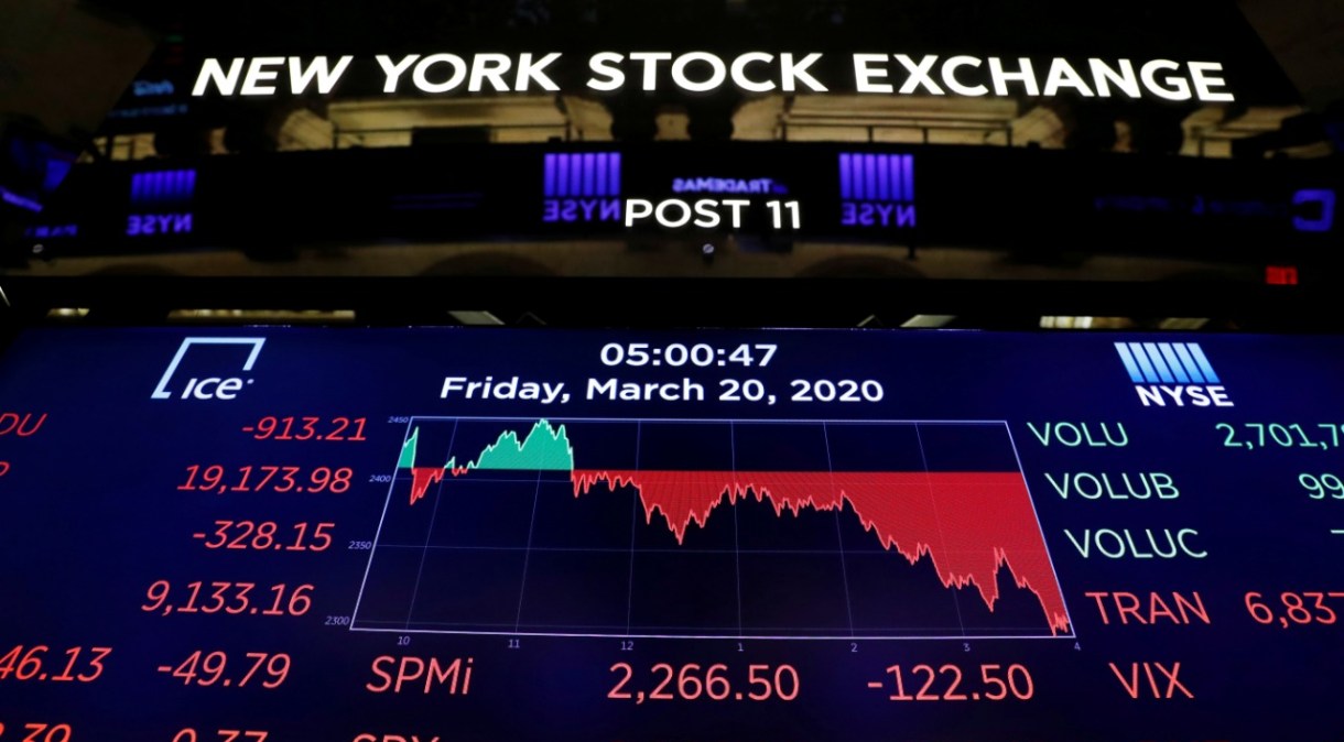 Telão mostra números da Bolsa de Nova York no dia 20 de março (20.mar.2020)