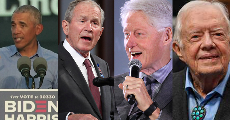 Ex-presidentes dos EUA vivos, da esquerda para a direita: Barack Obama, George W. Bush, Bill Clinton e Jimmy Carter
