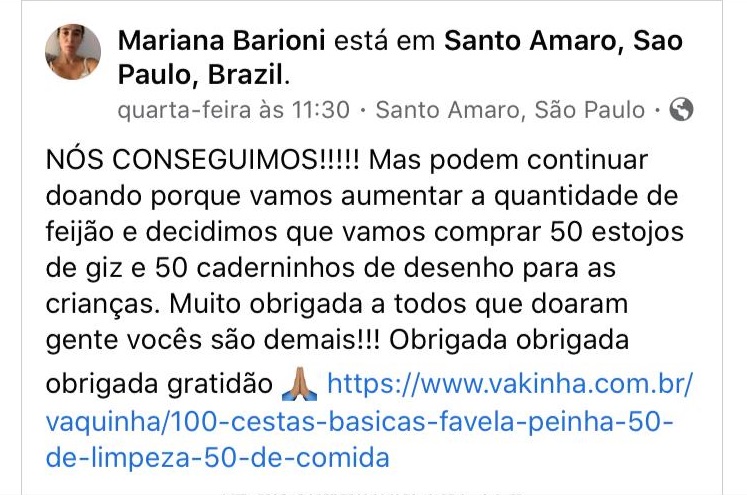 Mariana Barioni organizou uma vaquinha para doar cestas básicas na quarentena