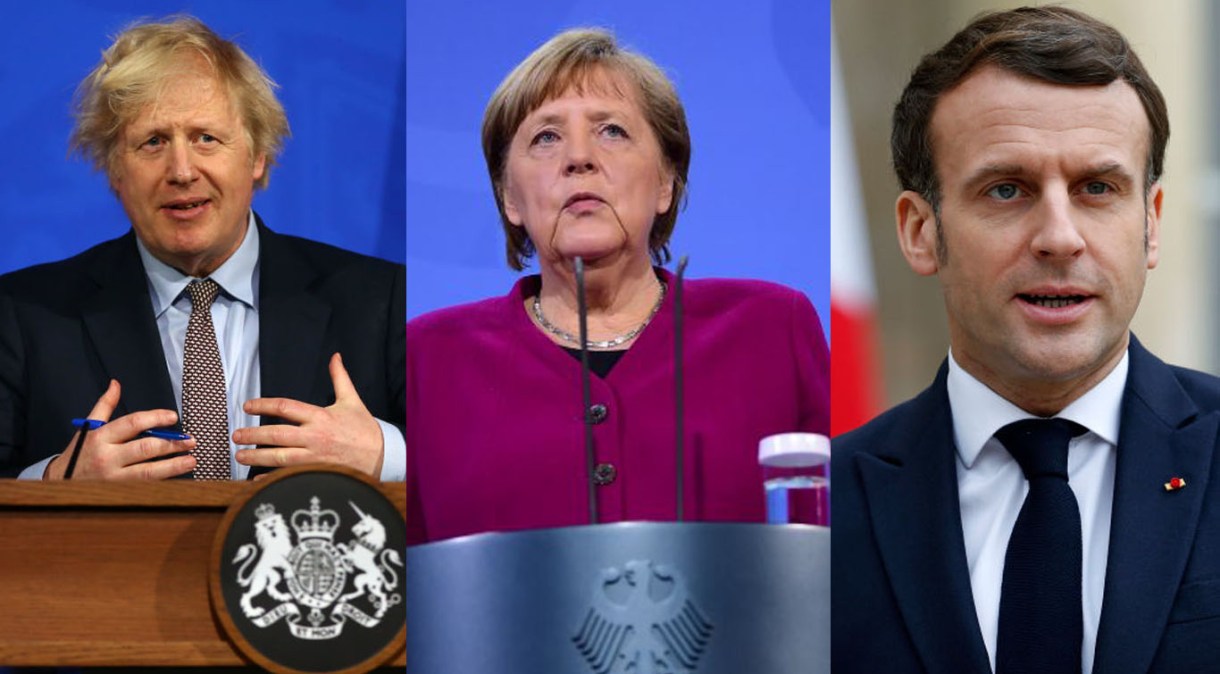 Boris Johnson, premiê do Reino Unido, Angela Merkel, chanceler da Alemanha, e Emmanuel Macron, presidente da França