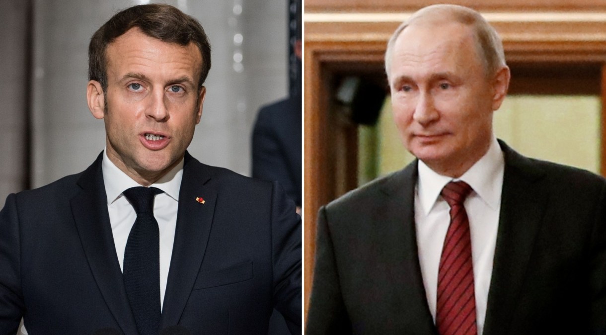 Presidente da França, Emmanuel Macron, e presidente da Rússia, Vladimir Putin