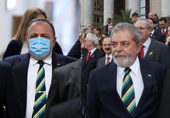 Eduardo Pazuello na CPI da Pandemia, em 19/05/2021, e Lula, em imagem de 19/05/2009, com o mesmo tipo de gravada