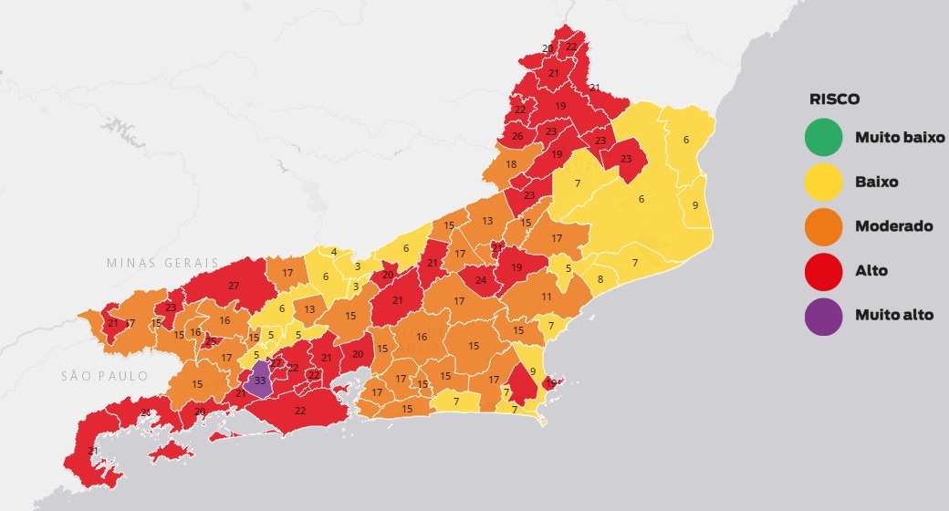 Mapa com atualização sobre o risco para Covid no Rio de Janeiro