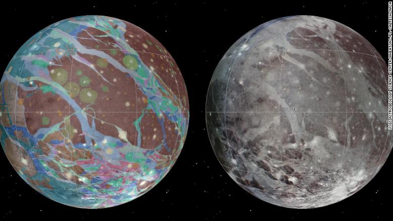 O mosaico (à esquerda) e os mapas geológicos de Ganimedes foram criados usando imagens das missões Voyager e Galileo, da Nasa