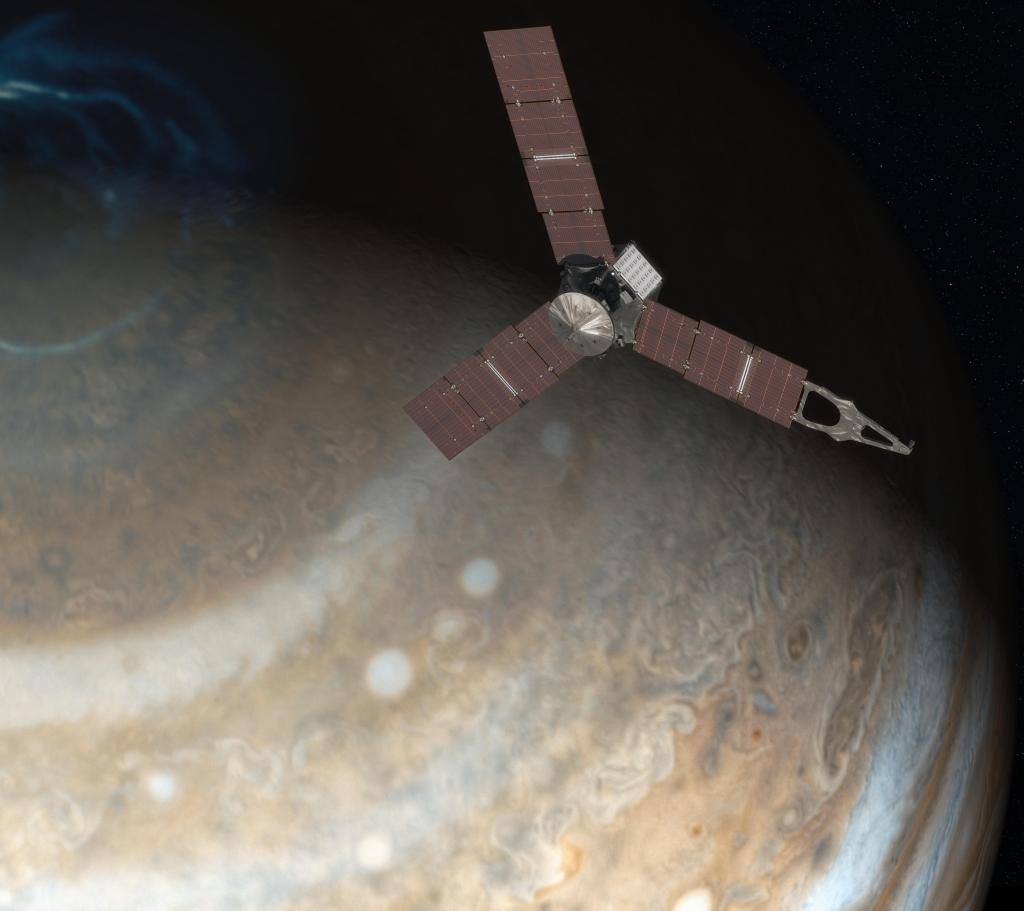 Representação artística mostra a nave Juno na órbita de Júpiter