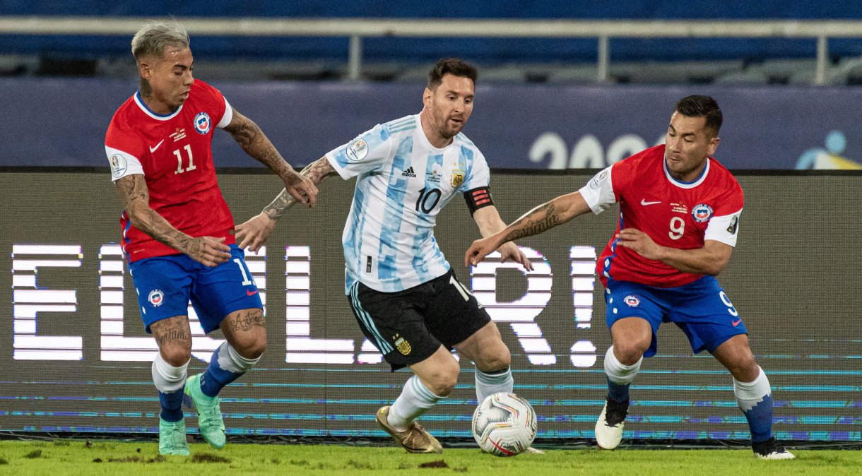 Messi,durante a partida entre Argentina e Chile, válida pela 1º rodada da fase de grupos da Copa America 2021