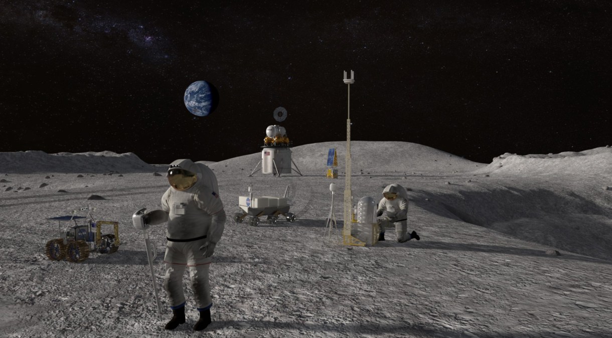 Em desenho, artista reproduz o que será o programa Artemis, da NASA, que levará seres humanos à Lua, em 2024.