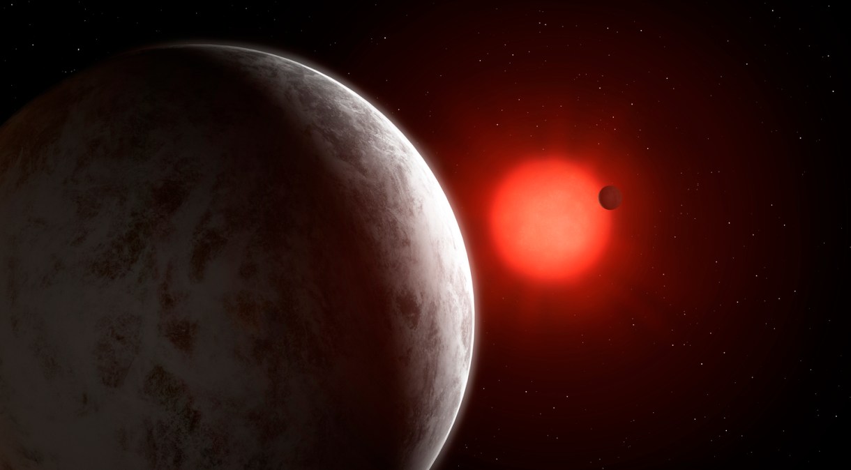Representação artística de sistema multiplanetário recém-descoberto, que orbita a anã vermelha Gliese 887