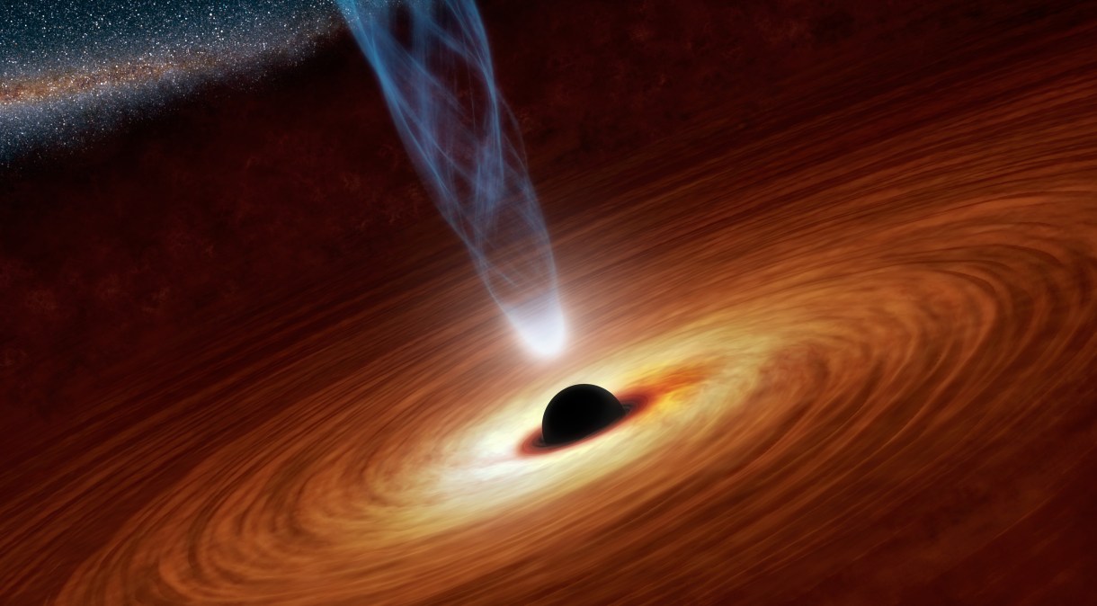 Representação artística do J2157, o buraco negro crescendo mais rapidamente no universo