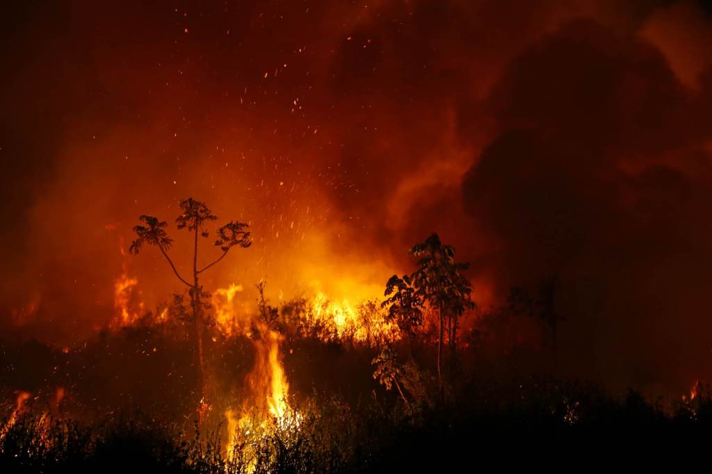 Fumaça e chamas de queimada no Pantanal, em Poconé, no Mato Grosso