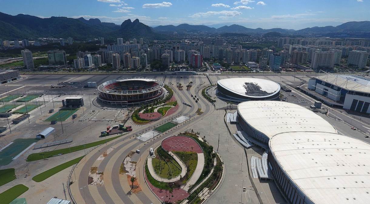 Vista geral aérea do Parque Olímpico da Barra da Tijuca na zona oeste do Rio de Janeiro