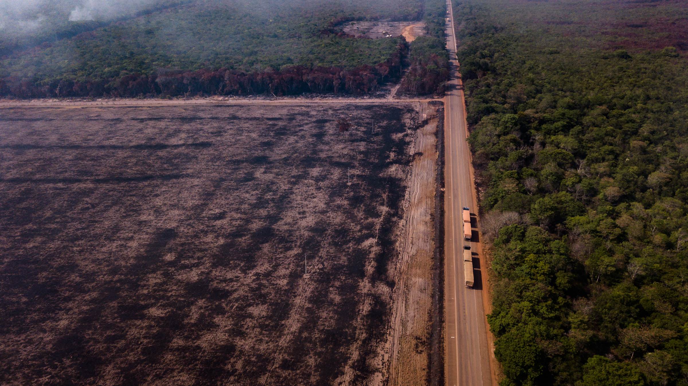 Área da Floresta Amazônica queimada às margens da BR-163 no Pará