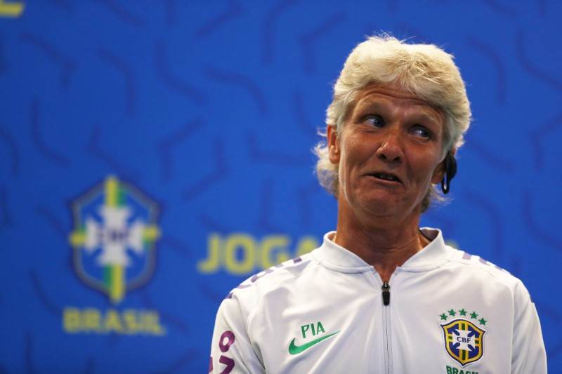 Técnica da seleção brasileira de futebol feminino Pia Sundhage durante entrevista coletiva no Rio de Janeiro
