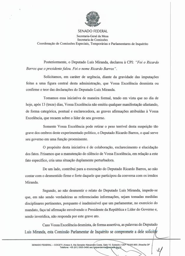 Carta da cúpula da CPI ao presidente Jair Bolsonaro