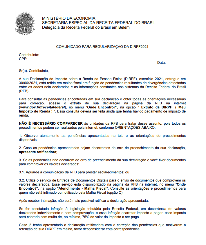 Carta Receita Federal sobre inconsistências no IR 2021