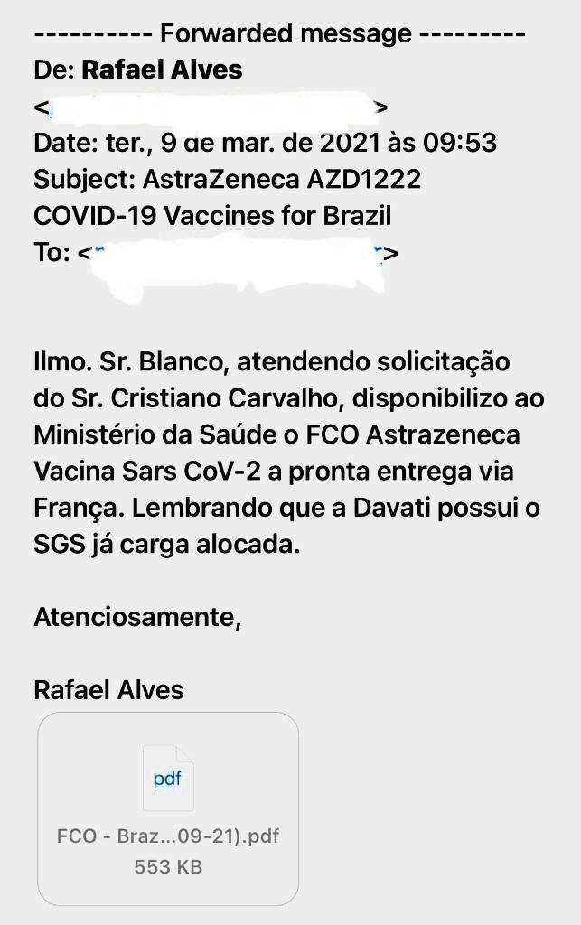 Email enviado para Marcelo Blanco sobre vacinas