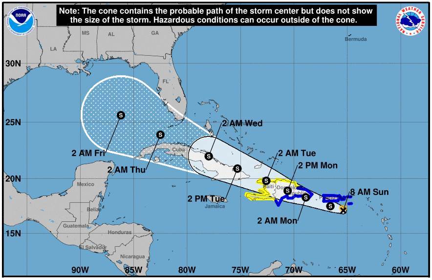 Trajetória prevista da tempestade tropical Grace, que pode atingir o Haiti