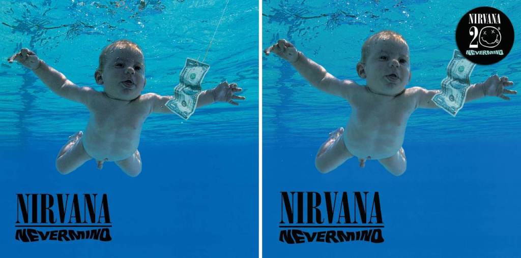 Capas do disco Nevermind, do Nirvana, em 1991 e em 2011