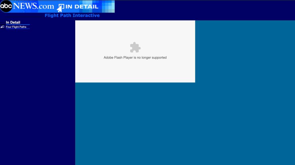 Parte da cobertura da ABC News sobre o 11 de Setembro, também feita em Flash, não funciona em dispositivos atuais