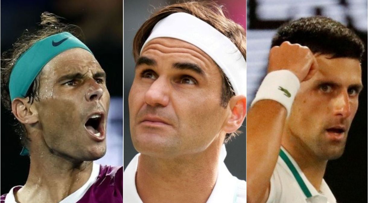 Rafael Nadal (esq.) é o maior campeão de Grand Slams, com 21 títulos. Ele superou Roger Federer (centro) e Novak Djokovic (dir.)