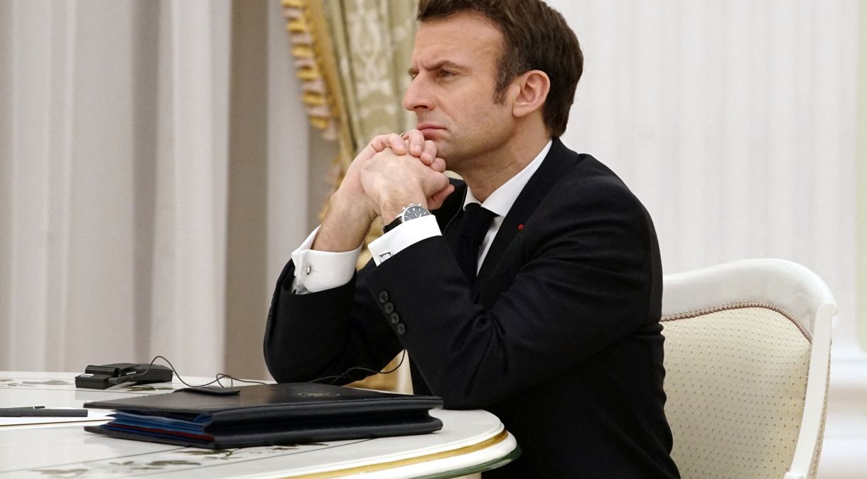 Presidente da França, Emmanuel Macron, em Moscou durante encontro com presidente da Rússia, Vladimir Putin