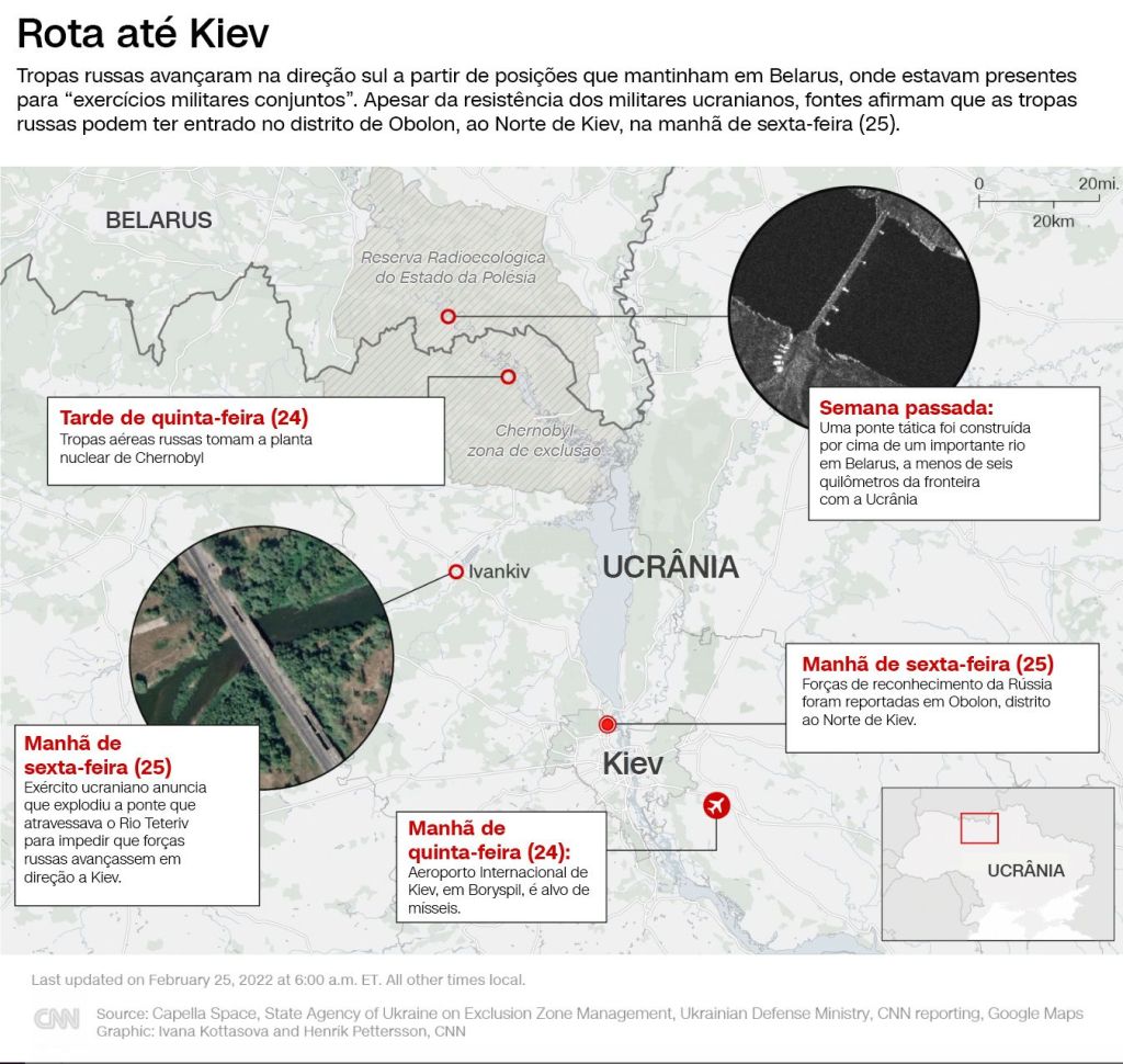 Mapa mostra a rota russa em direção à capital Kiev