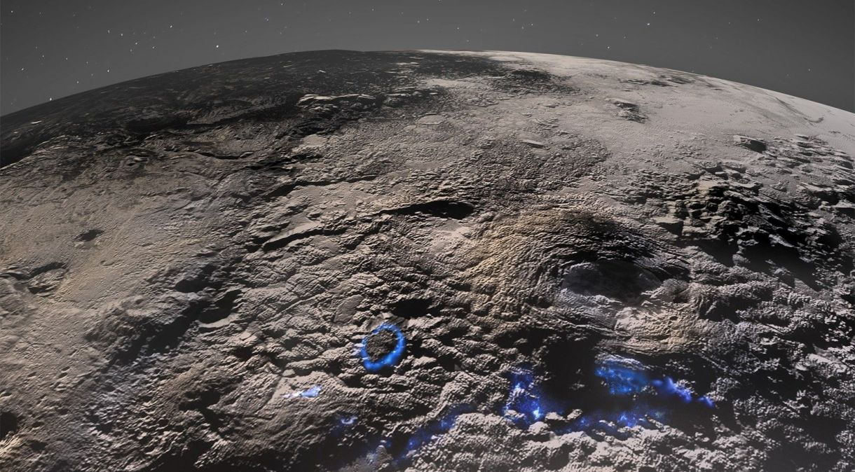 Região de vulcões de Plutão; áreas em azul indicam processos vulcânicos passados