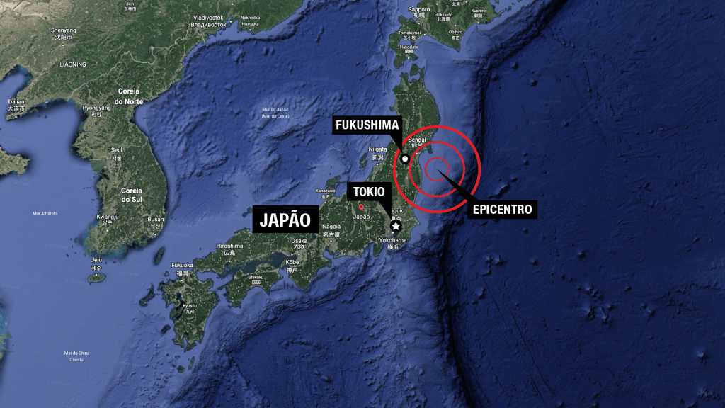 Mapa da região mostra epicentro do terremoto que atingiu a costa leste do Japão nesta quarta-feira (16)