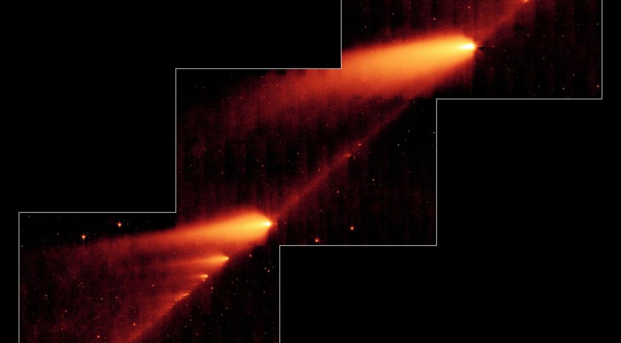 Imagem infravermelha do Telescópio Espacial Spitzer da Nasa mostrando o cometa fragmentado 73P/Schwassmann-Wachmann